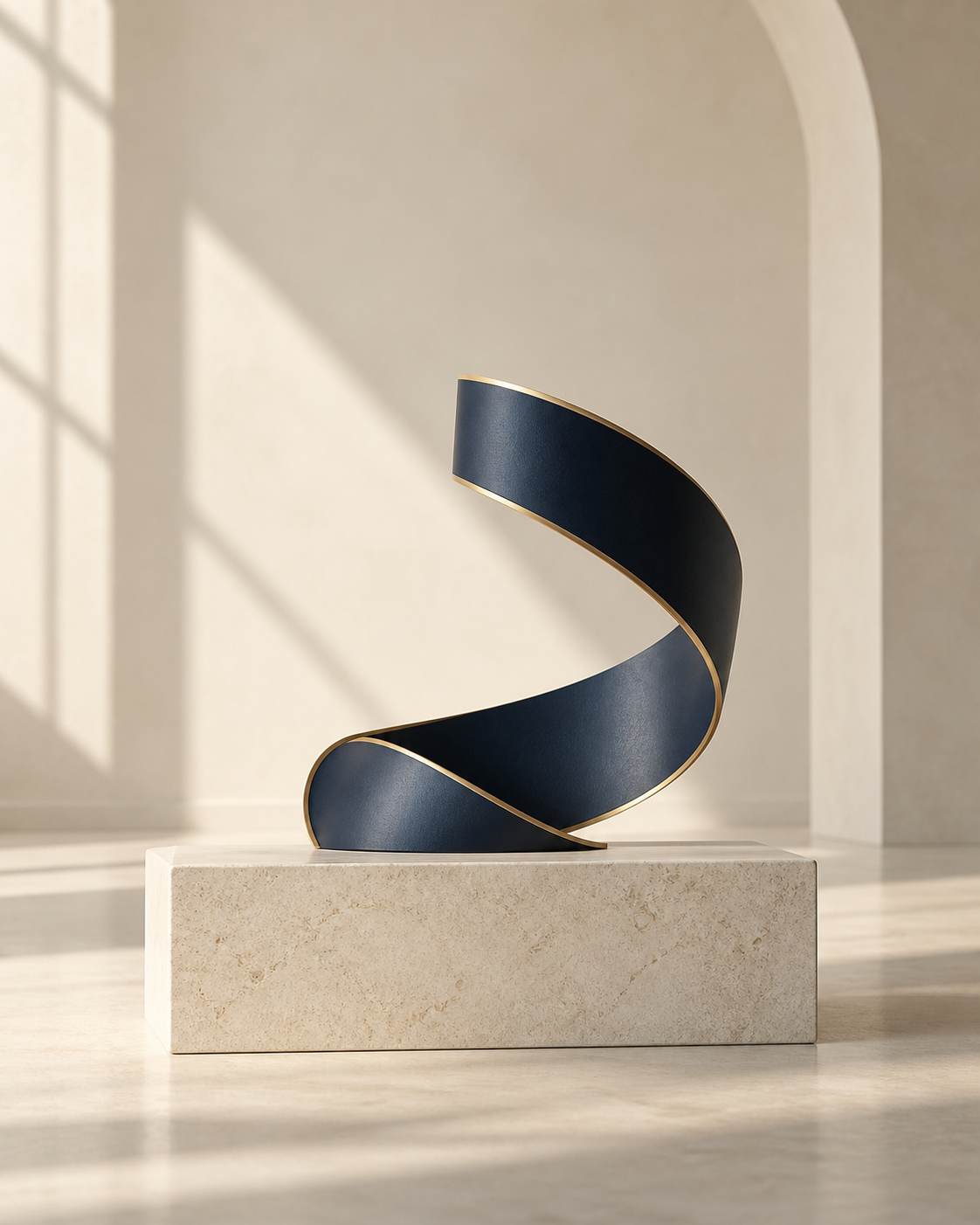 Escultura curva azul-marinho com bordas douradas sobre uma base de pedra clara