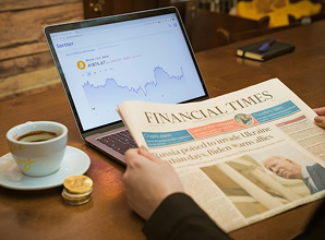 Leitura do Financial Times ao lado de um notebook com gráficos de mercado